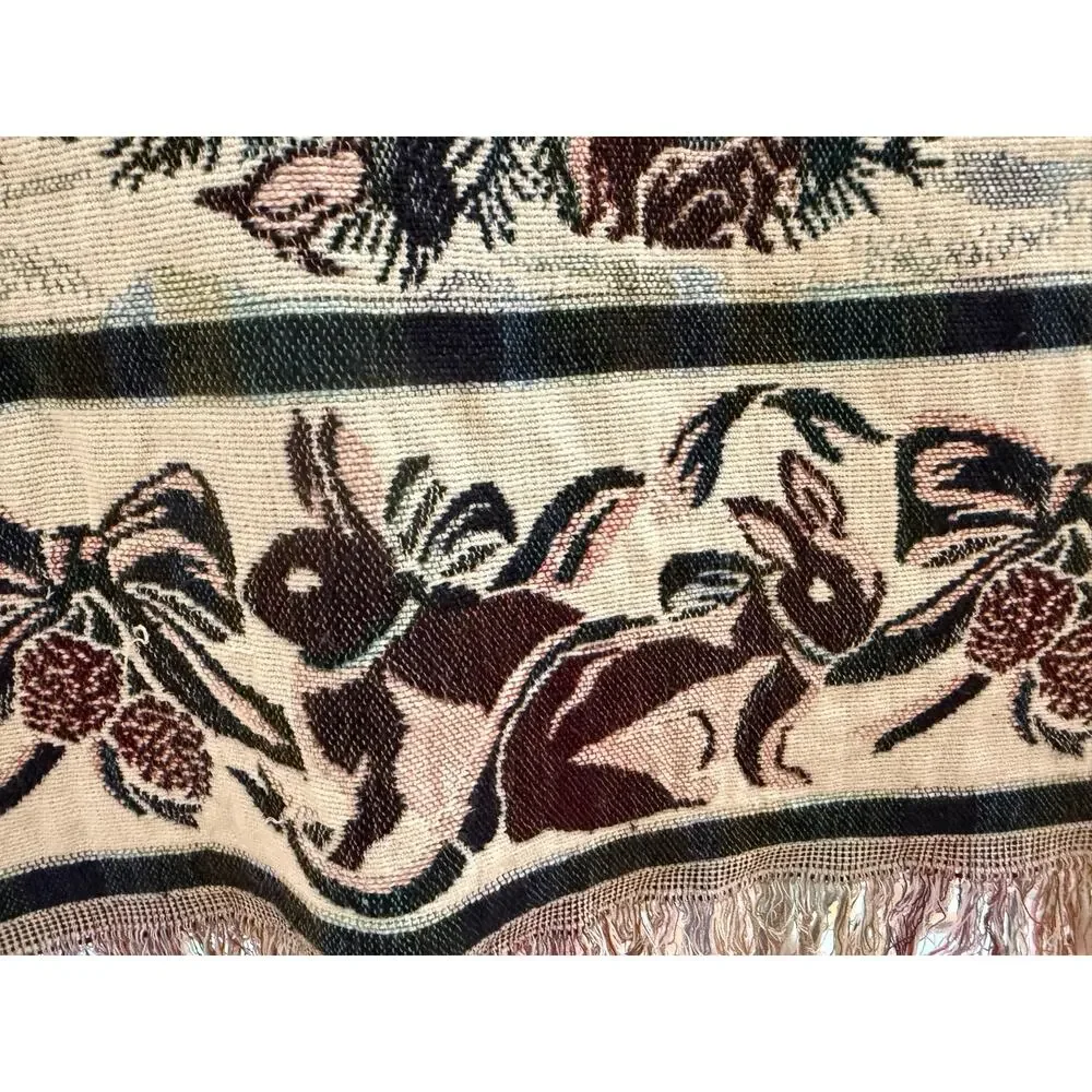 Vintage 90s Goodwin Weavers Winter Bunny Woven Throw Blanket USA 51x62 Cottage